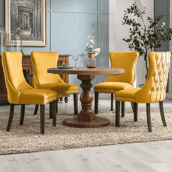 DONICK Wing-Back Dining Chair,Kitchen & Dining Room,Velvet,Soild Wood,Nailhead Trim(Yellow,Set of 6)