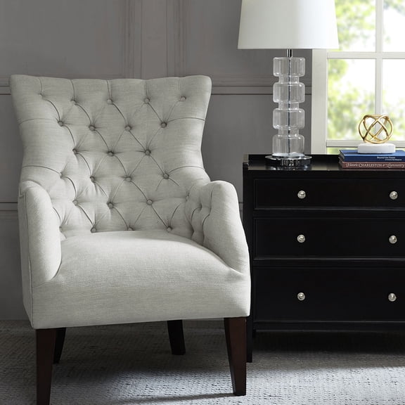 Wing Chair with Button Detailing | Good for Yoga Studios, Peaceful Vibe | Select Hardwoods and Linen | Fixes the Problem of Uncomfortable Seating Angles