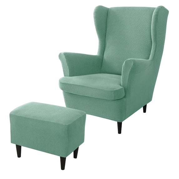 Wing Chair Covers Bundles Rectangle Ottoman Slipcovers, Stretchable, Soft And Washable Wingback Chair Cover And Ottoman Stool Cover, For Living Room-Pea Green-Set Of 2