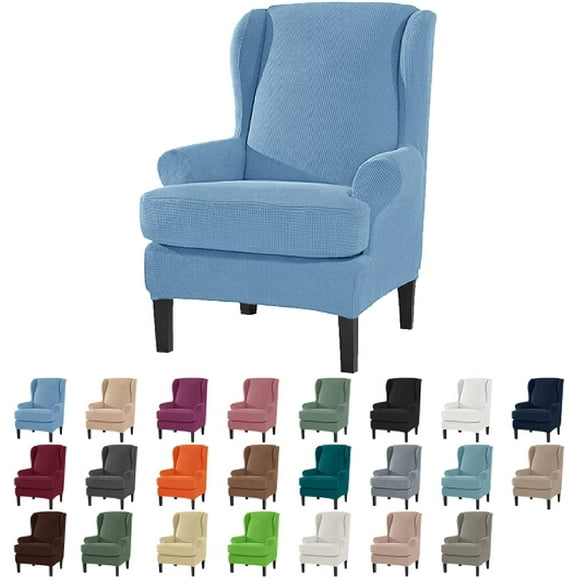 Wing Chair Slipcover, Furniture Protector Non Slip, Spandex Jacquard Checked Pattern, Easy Care Denim Blue Stretch Sofa Cover for Living Room and Bedroom