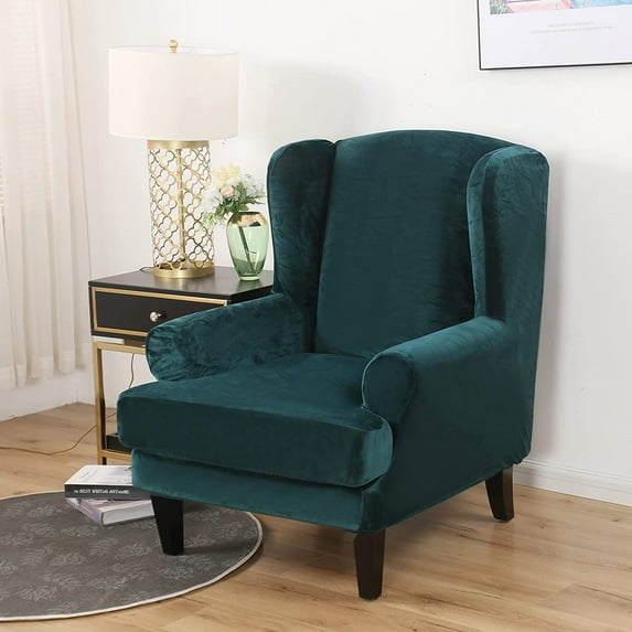 Wing Chair Slipcover Velvet Covers 2 Pieces Arm Chair Furniture Sofa SlipCovers for Living Room Bedroom (Flange Green)