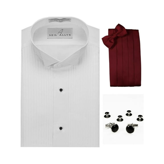 Wing Collar Formal Tuxedo Shirt, Burgundy Cummerbund, Bow-Tie, Cuff Links & Studs Set
