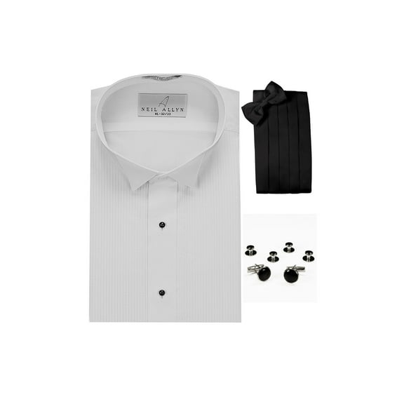 Wing Collar Formal Tuxedo Shirt, Cummerbund, Bow-Tie, Cuff Links & Studs Set
