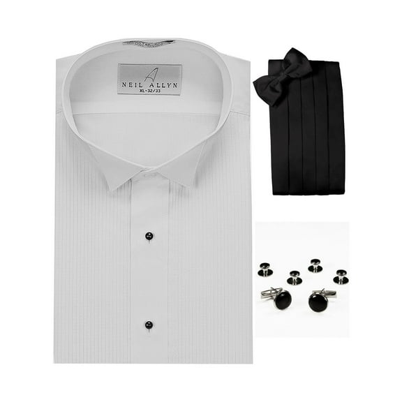 Wing Collar Formal Tuxedo Shirt, Cummerbund, Bow-Tie, Cuff Links & Studs Set