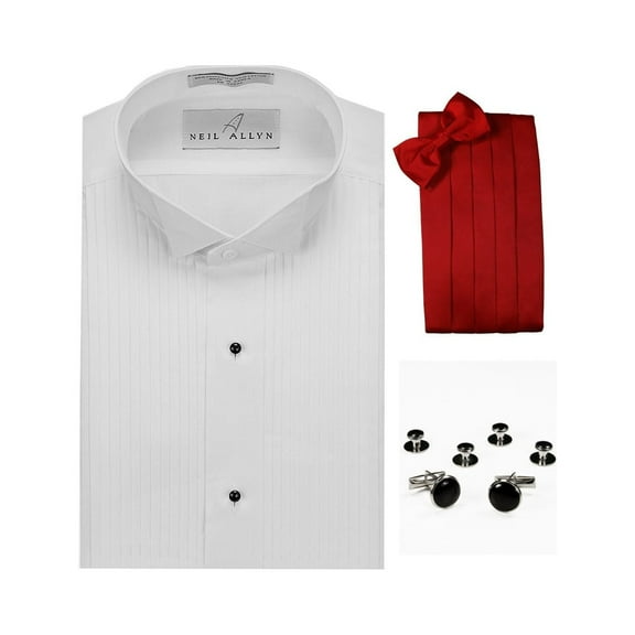 Wing Collar Formal Tuxedo Shirt, Red Cummerbund, Bow-Tie, Cuff Links & Studs Set