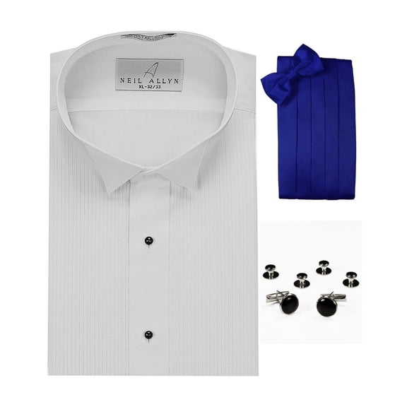 Wing Collar Formal Tuxedo Shirt, Royal Blue Cummerbund, Bow-Tie, Cuff Links & Studs Set