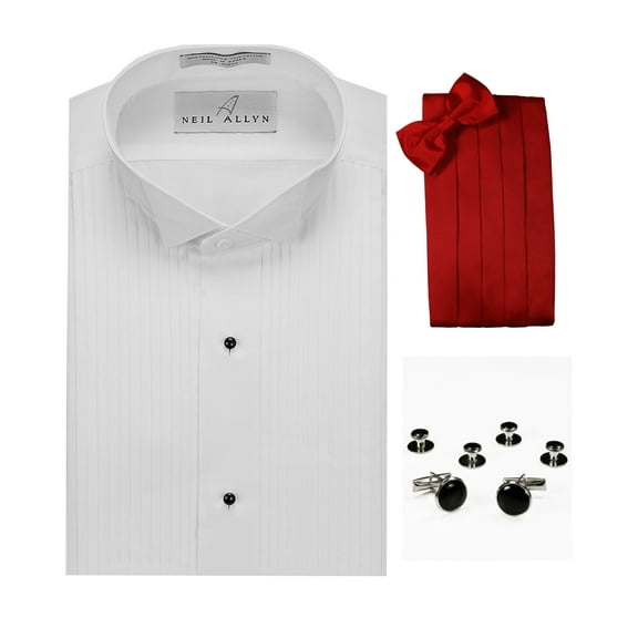 Wing Collar Tuxedo Shirt, Red Cummerbund, Bow-Tie, Cuff Links & Studs Set