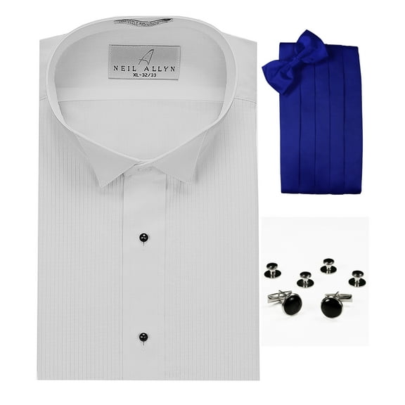 Wing Collar Tuxedo Shirt, Royal Blue Cummerbund, Bow-Tie, Cuff Links & Studs Set