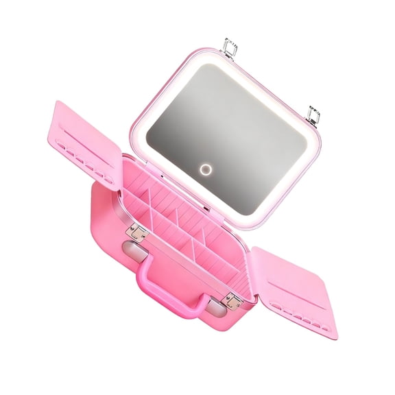 Wing Design Cosmetic Storage Box With Brightness Control Light Detachable Mirrored Aluminum Frame Makeup Case