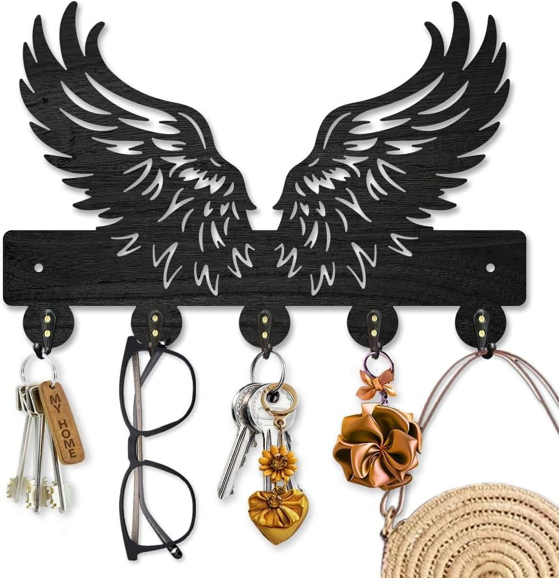Wing Feathers Wood Key Holder for Wall Angel Wings Wall Mounted Key ...