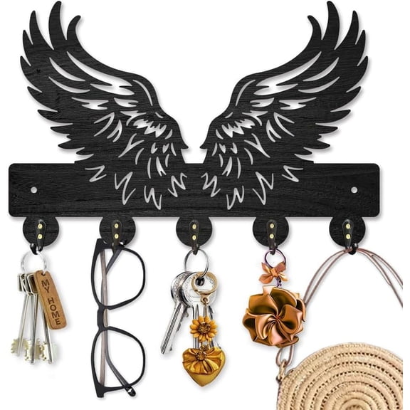 Wing Feathers Wood Key Holder for Wall Angel Wings Wall Mounted Key Hooks 11.87.9inch Coat Hanger Rack with 5 Alloy Hooks for Entryway Front Door Kitchen Office Decoration for DIY