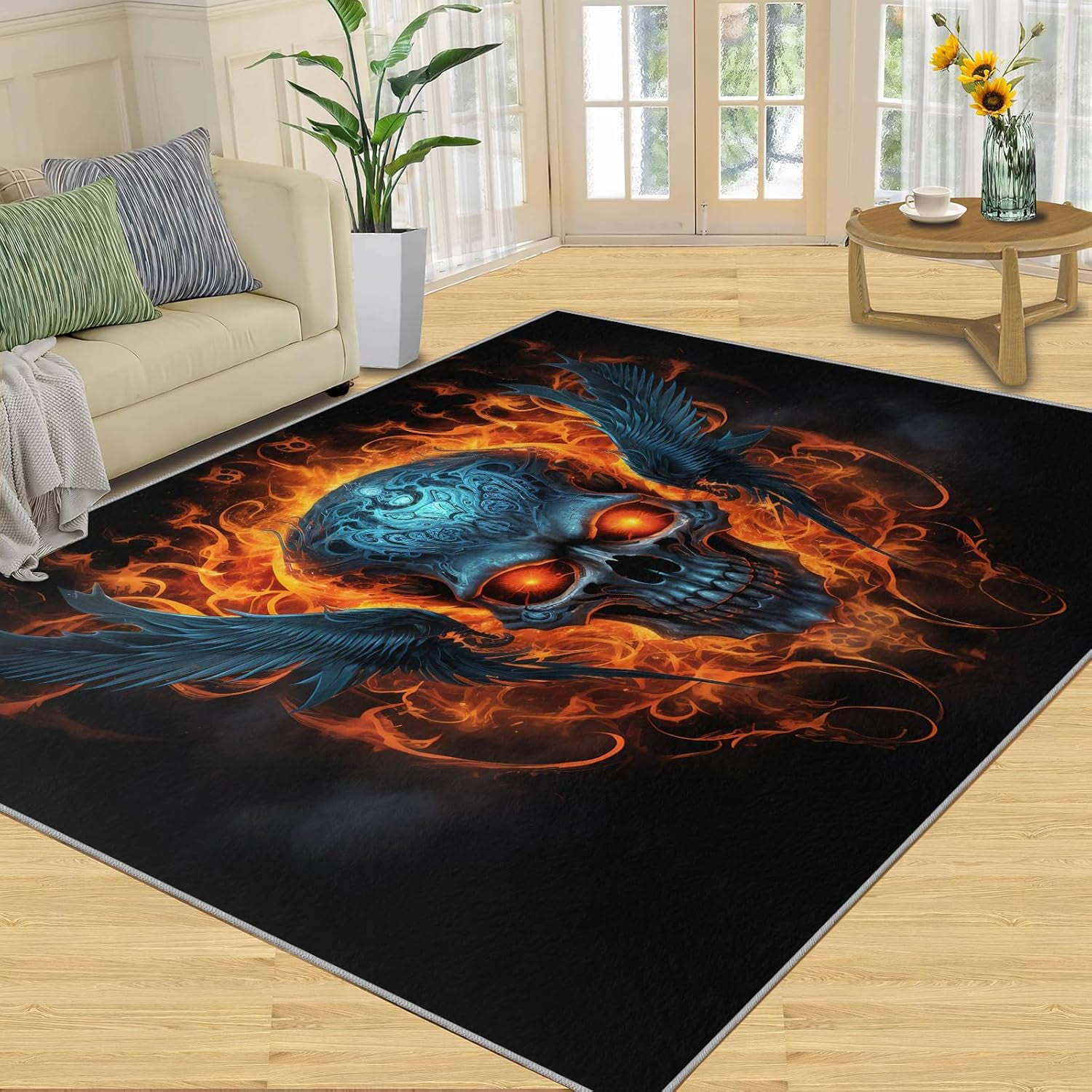 Hideous Rugs Wing Flame Skull Area Rug Horror Skull Living Room Rug Gothic Halloween ...