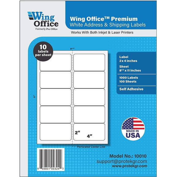 Wing Office Premium 1000 Self Adhesive Shipping Labels for Laser Printers and Ink Jet Printers, White, Made in USA, 2 x 4 Inches, Pack of 1000, Same Size As 8163 and More