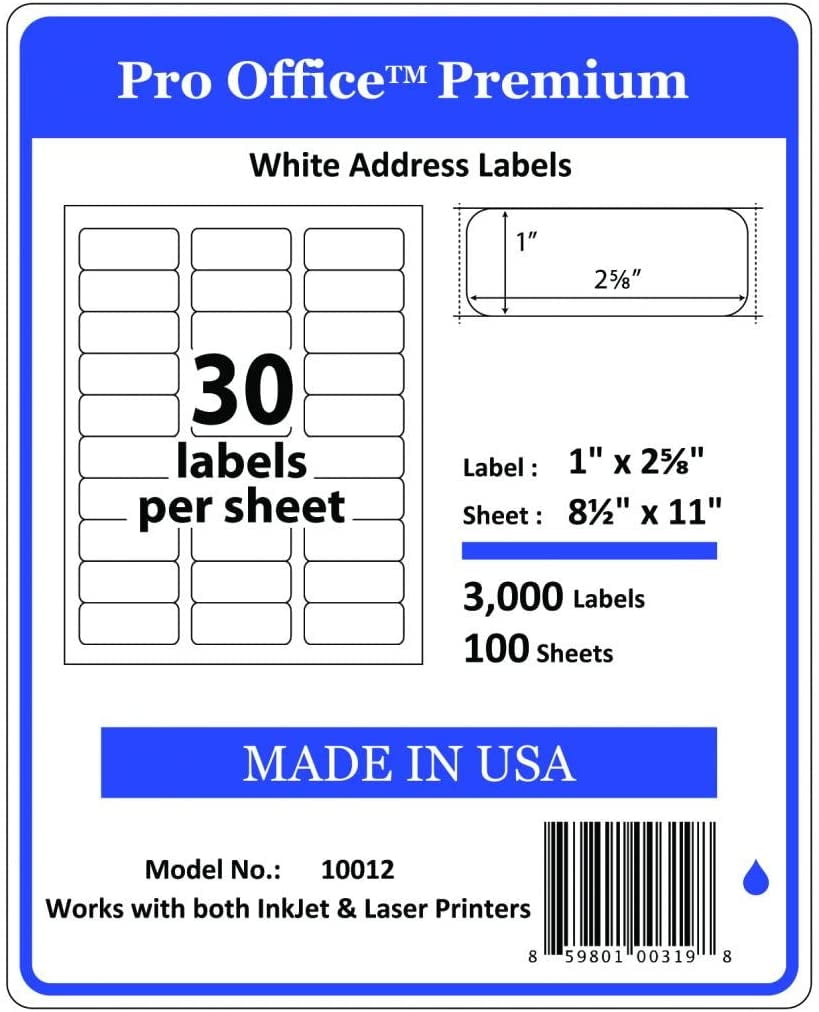 Wing Office Premium Self-Adhesive 3000 Address Labels for Laser Printers and Ink Jet Printers, White, Made in USA, 1 x 2.62 Inches