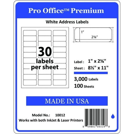 Wing Office Premium Self-Adhesive 3000 Address Labels for Laser Printers and Ink Jet Printers, White, Made in USA, 1 x 2.62 Inches