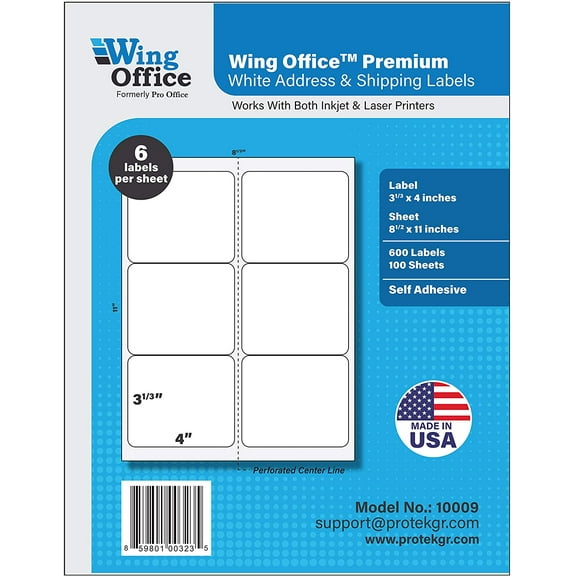 Wing Office Shipping Labels for Printers - Premium 600 Self Adhesive - Laser and Ink Jet Printers, White, Made in USA, 3.33 x 4 Inches, Pack of 600, Same Size As 8164 and More
