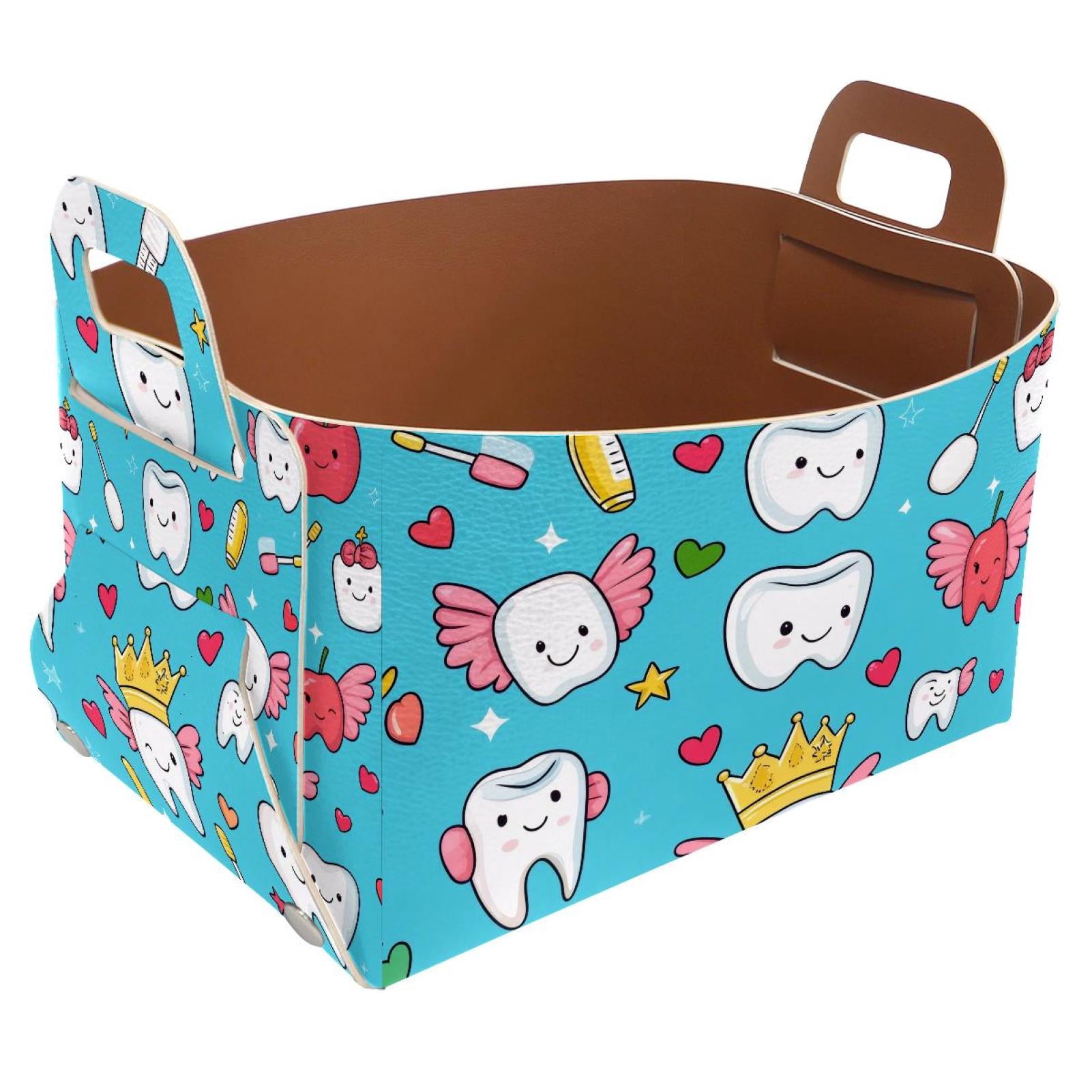 Wing Tooth Storage Basket Collapsible Storage Bin, PU Foldable Basket Convenient Box Storage Organizer with Handles for Shelves Office Bedroom Closet Nursery Toys Laundry