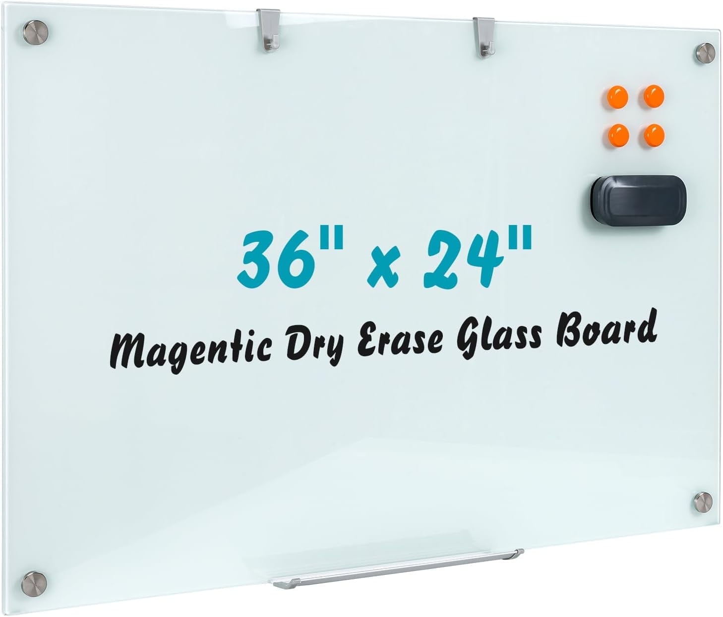 Wingwise Glass Magnetic Whiteboard, Dry Erase Board, 36" x 24", Wall Mounted White Board, Frameless Board for Office, Home, School