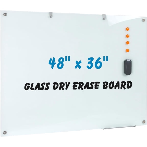 WingWise Glass Magnetic Whiteboard, Dry Erase Board, 48" x 36", Wall Mounted White Board, Frameless Board for Office, Home, School