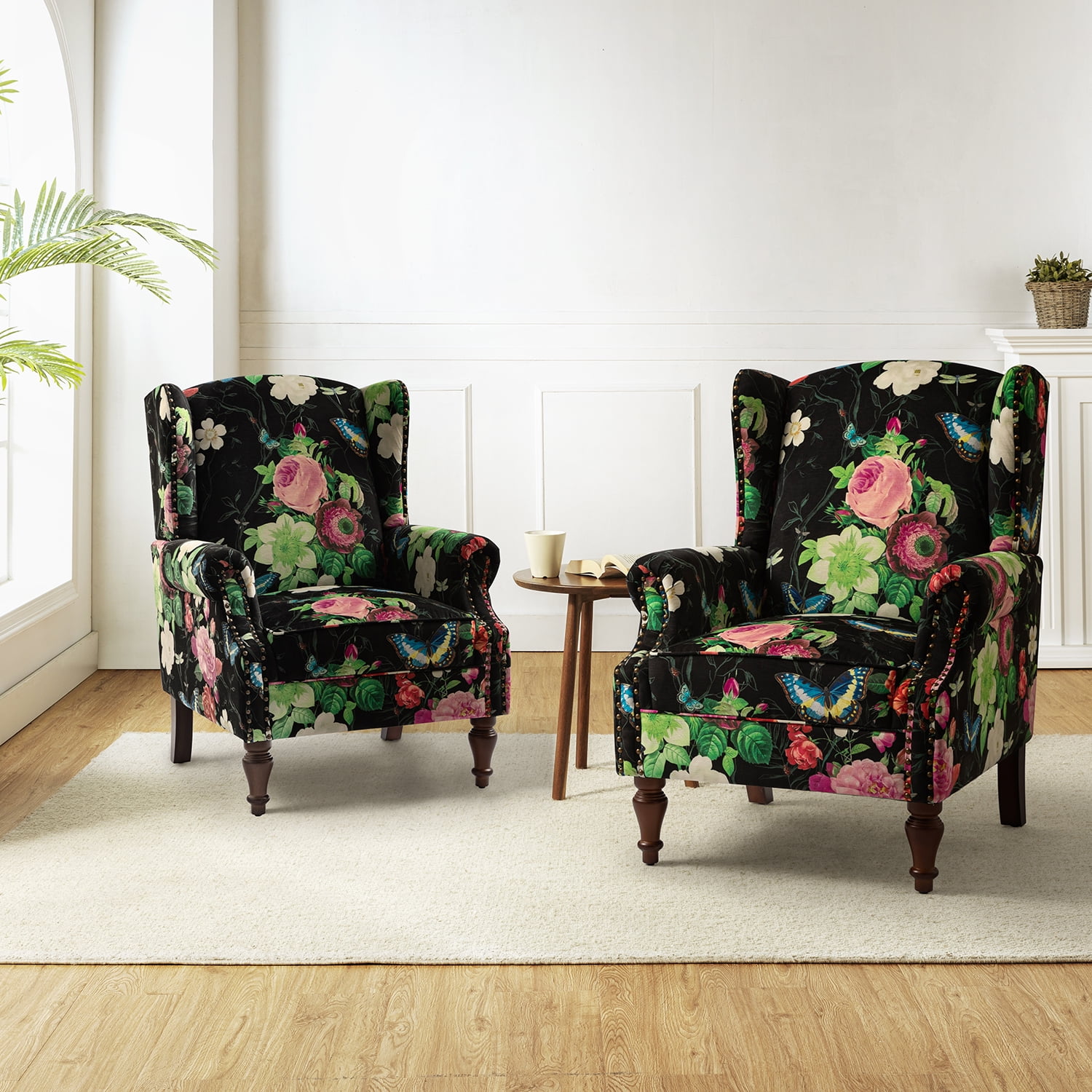 Wingback Accent Chair Floral Pattern Set of 2, Traditional Fabric