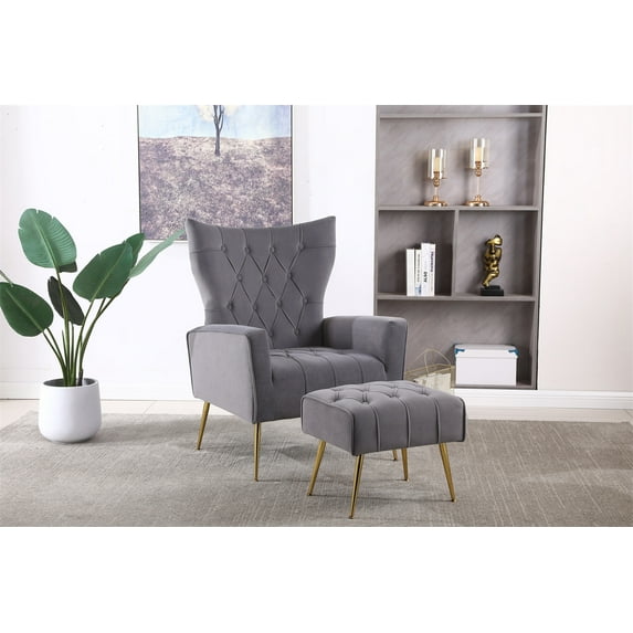 Wingback Accent Chair with Ottoman,Modern Living Room Chair with Gold Metal Legs,Comfy Lounge Armchair with Footrest,Upholstered Single Sofa Chair Button Tufted Armchair for Bedroom Dorm Office,Gray