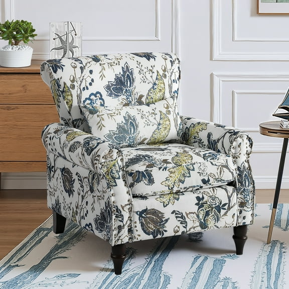 Wingback Accent Chair with Removable Pillow, High Back Floral Armchair with Solid Wood Legs & Nailhead Trim, Comfy Upholstered Reading Single Sofa Chair for Bedroom (1, Bird Floral Pattern)