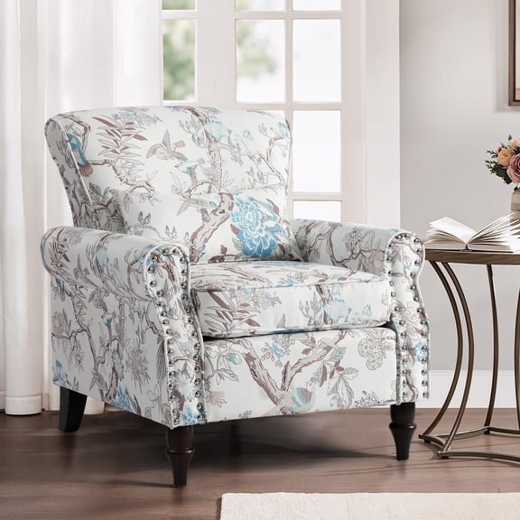 Wingback Accent Chair with Removable Pillow, High Back Floral Armchair with Solid Wood Legs & Nailhead Trim, Comfy Upholstered Reading Single Sofa Chair for Bedroom