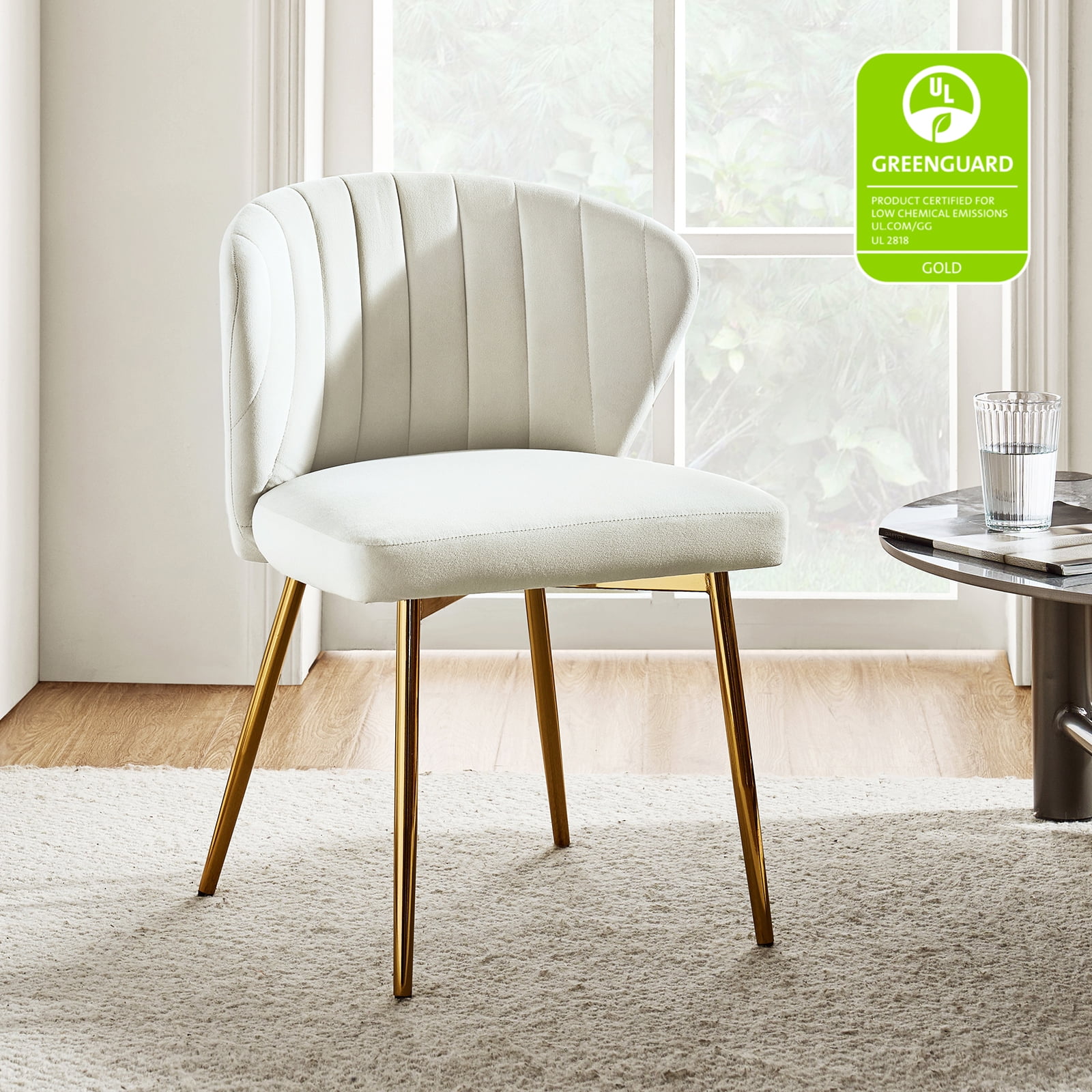 Ivory Velvet Upholstered Wingback Side Chair with Gold Metal Legs