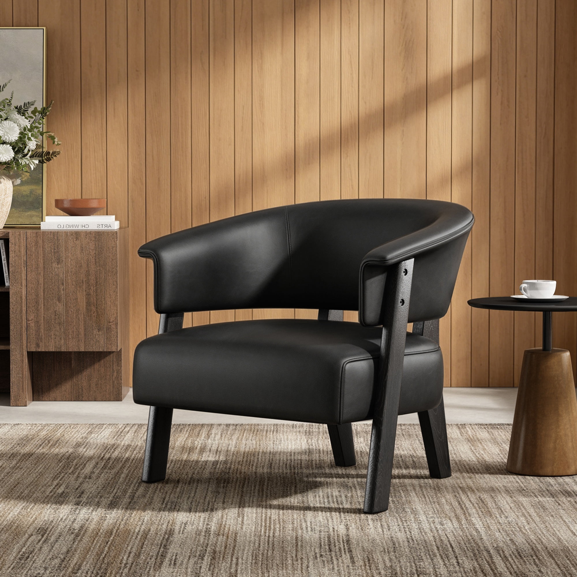 Wingback Accent Chair with Faux Leather and Wrap-Around Back, Upholstered Armchair and Reading Chair with Solid Wood Legs, Black