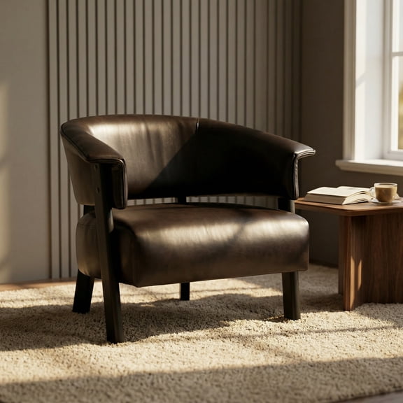 Wingback Accent Chair with Faux Leather and Wrap-Around Back, Upholstered Armchair and Reading Chair with Solid Wood Legs, Brown