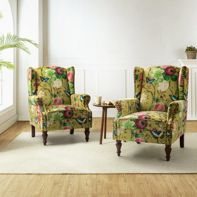Wingback Accent Chair with Floral Pattern Set of 2, Traditional Fabric