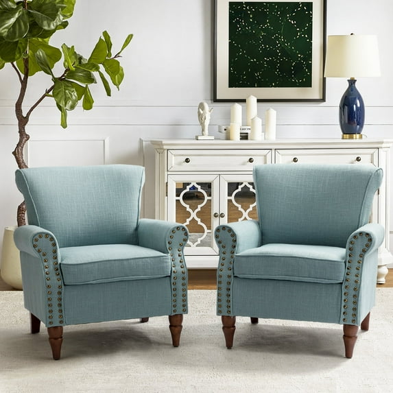 Wingback Accent Chairs Wood Legs Set of 2 Upholstered Sofa Armchairs Fabric Nailhead Trim Home Living Room Bedroom Blue