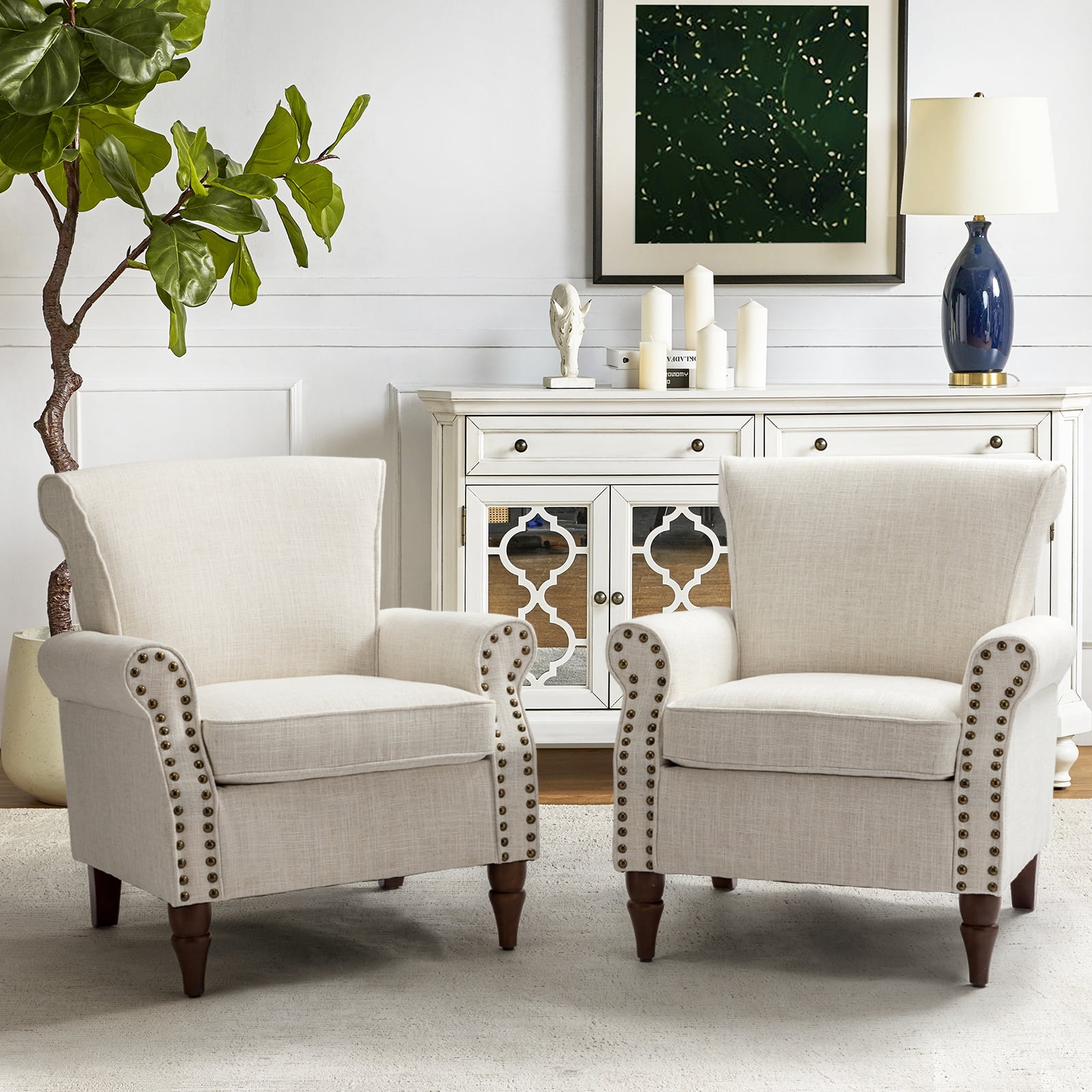 Elegant Traditional Wingback Accent Chairs, Wood Legs, Upholstered Sofa