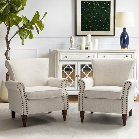 et of 2 Wingback Accent Chairs, Upholstered Fabric Armchairs with Wood Legs and Nailhead Trim for Living Room, Bedroom, Ivory