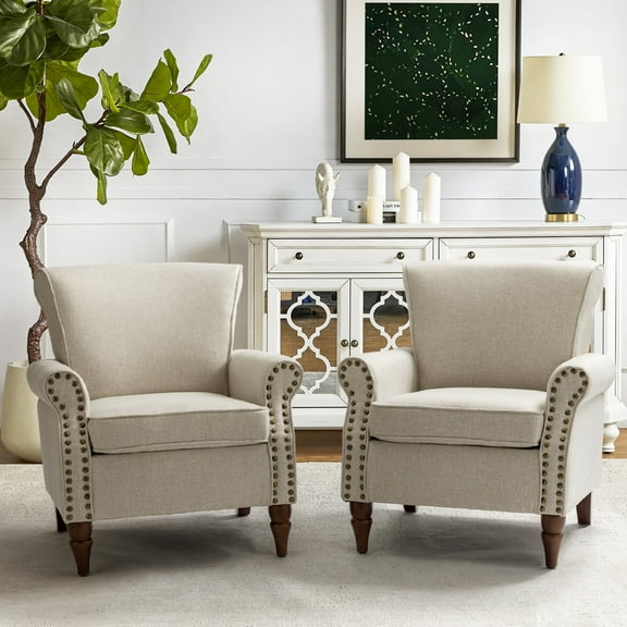 Wingback Accent Chairs Wood Legs Set of 2 Upholstered Sofa Armchairs Fabric Nailhead Trim Home Living Room Oatmeal