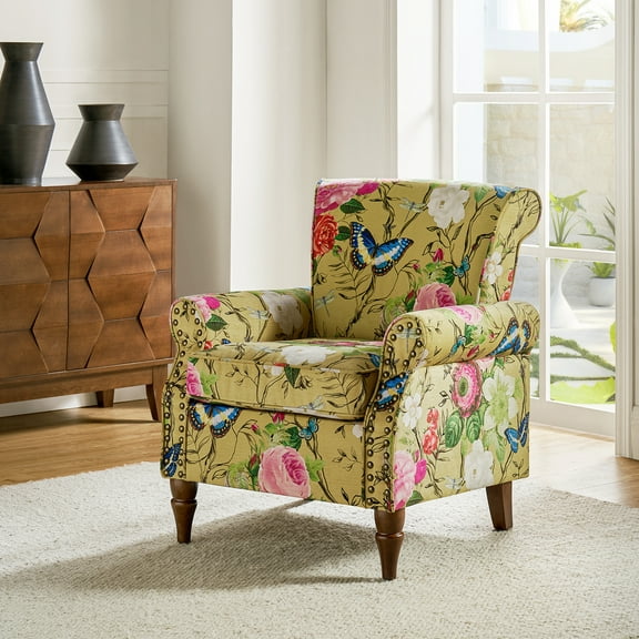 Wingback Armchair Removable Cushion Floral Upholstered Sofa Home Accent Chair Couch Wood Legs Nailhead Trim Mustard