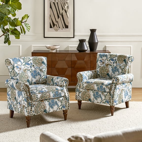 Wingback Armchairs Set of 2 Accent Chairs Floral Upholstered Sofa Wood Legs Lounge Seat Removable Cushion Home Living Room