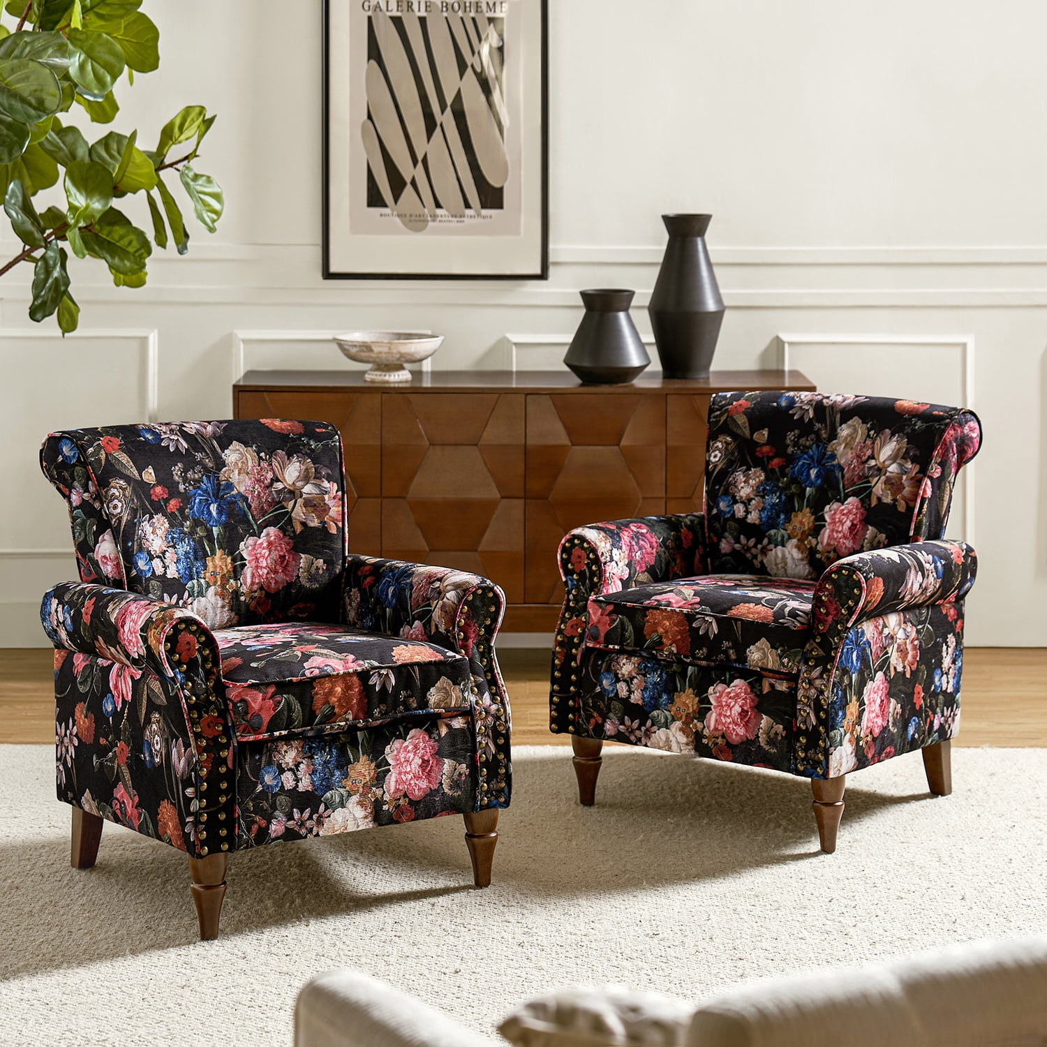 Black Floral Polyester Armchairs with Nailhead Trim, Set of 2