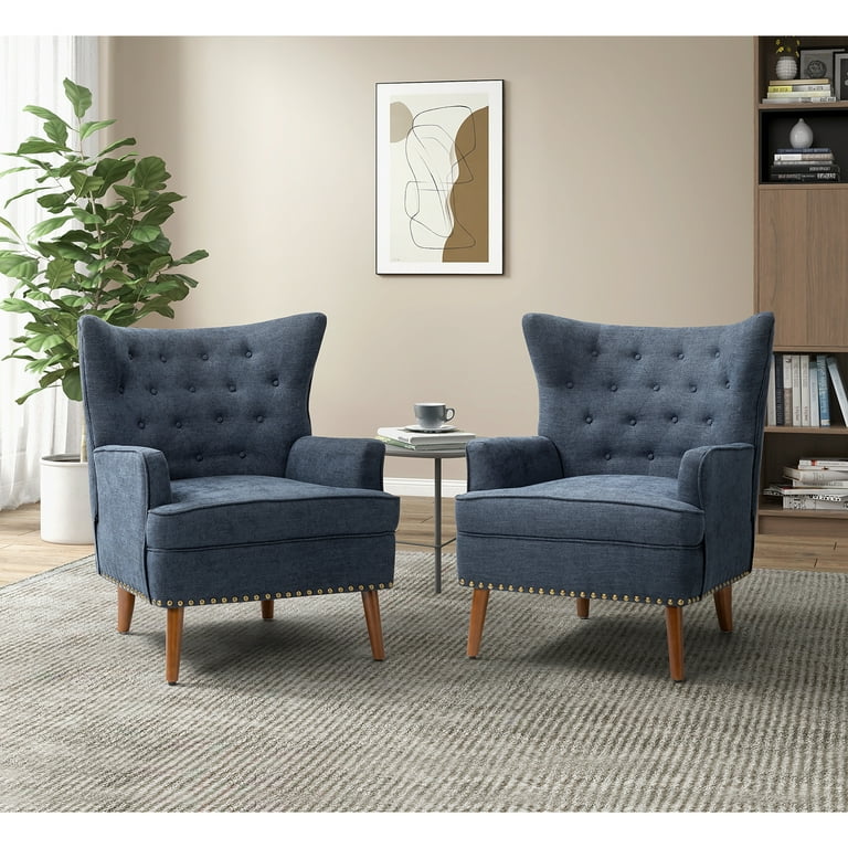 Wingback Armchairs Set of 2 Upholstered Single Lounge Sofa Reading Chair Living Room Bedroom Office Navy