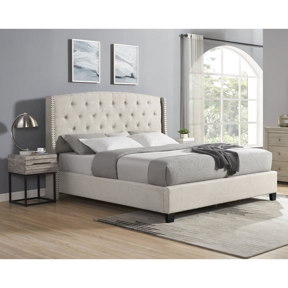 Wingback Bedroom , 3, Queen Bed & Nightstands, Beige, Wood Structure 3 Arrangement, And Robust Frame
