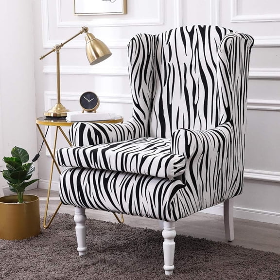 Wingback Chair Covers 2 Pack, White Zebra Stripe Stretch Wingback Slipcovers, Elastic Polyester Spandex Fabric, Washable Furniture Protector for Wing Chairs & Armchairs