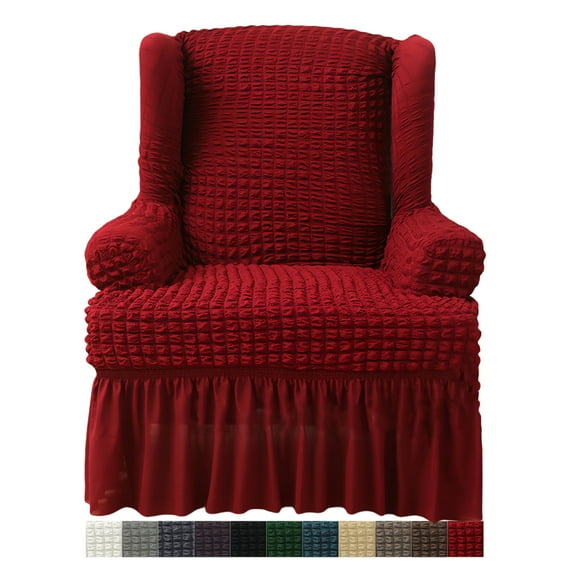 Wingback Chair Covers With Skirt,Stretch Seersucker Slipcovers 1 Piece,Non-slip Furniture Covers With Elastic Bottom For Living Room Bedroom-Burgundy
