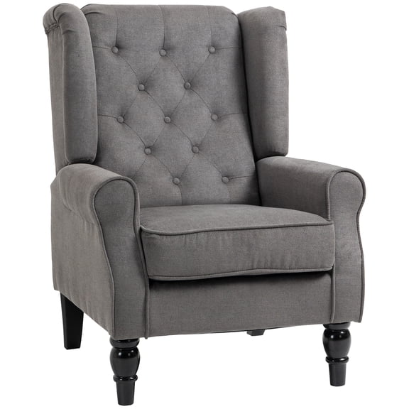 Wingback Chair, Mid-Century Modern Accent Reading Chair with Button Tufting, Snow Flannel Fabric, Solid Eucalyptus Wood Legs, Dark Gray, for Living Room, 29"W x 34"D x 40"H
