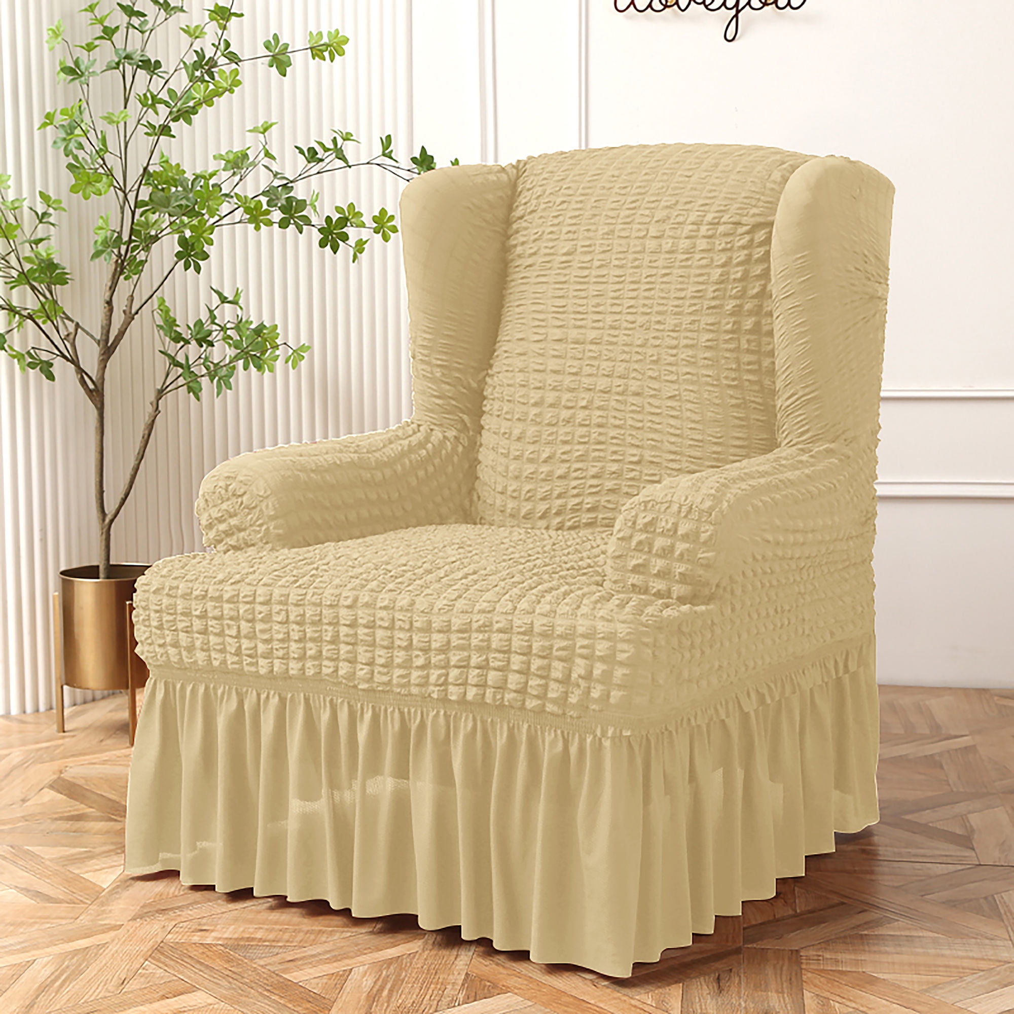 Wingback Chair Slipcover 2 Piece Spandex Fabric Stretch Washable Armchair Cover With Skirt Wing Chair Cover For Living Room Hotel Beige 1 Seater Walmart