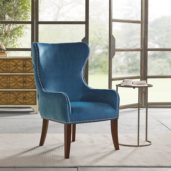 Wingback Chair With Button Detail In Blue Fabric High Foam Detailing