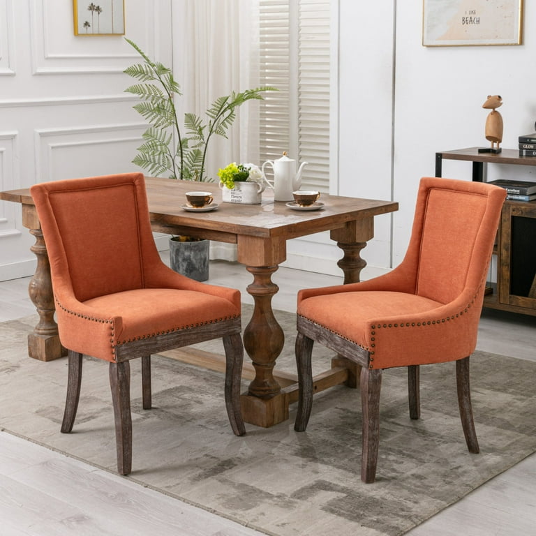 Wingback Dining Chairs Set of 2 Linen Kitchen Chair with Nailhead Trims Accent Side Dining Chairs with Padded Cushion and Solid Wood Legs for