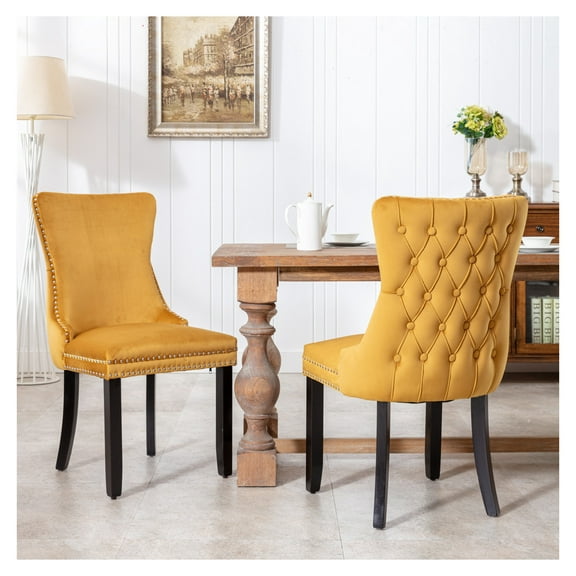 Wingback Dining Chairs Set of 2, Golden Upholstered Chairs with Nailhead Trim & Solid Wood Legs, Backstitching Detail, Modern Home Kitchen Dcor