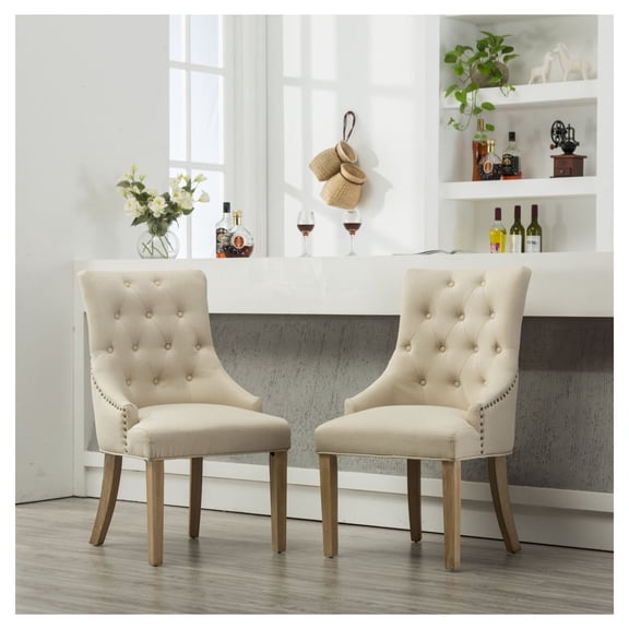 Wingback Host Chairs Set of 2, Tan Button Tufted Dining Chairs with Nail Heads, Solid Wood Frame, Rustic Accent Chairs for Dining Room, Living Room, Kitchen