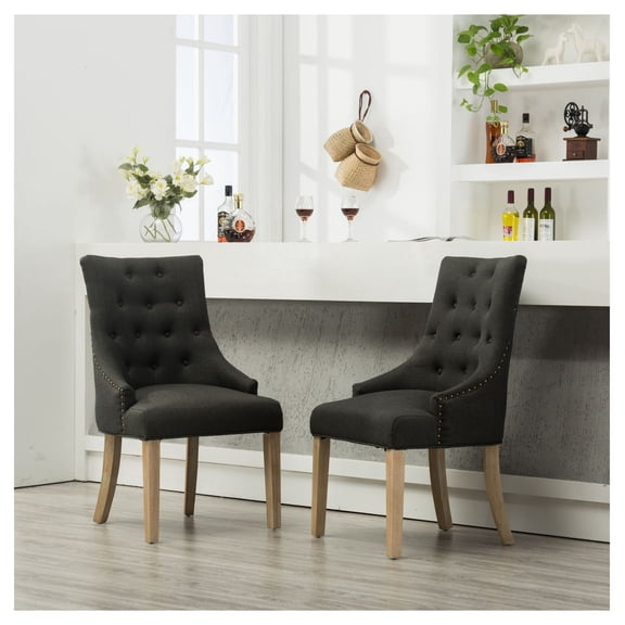 Wingback Hostess Chairs Set of 2, Charcoal Button Tufted Dining Chairs, Solid Wood Frame with Nailhead Trim, Rustic Accent Chairs for Dining Room & Living Room