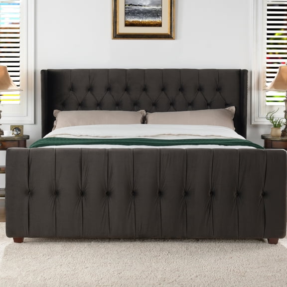 Wingback King Bed, Charcoal Grey Velvet - Seat For Relaxation, Outdoor Fabric Dark Bed Enhanced Comfort And Style, Use